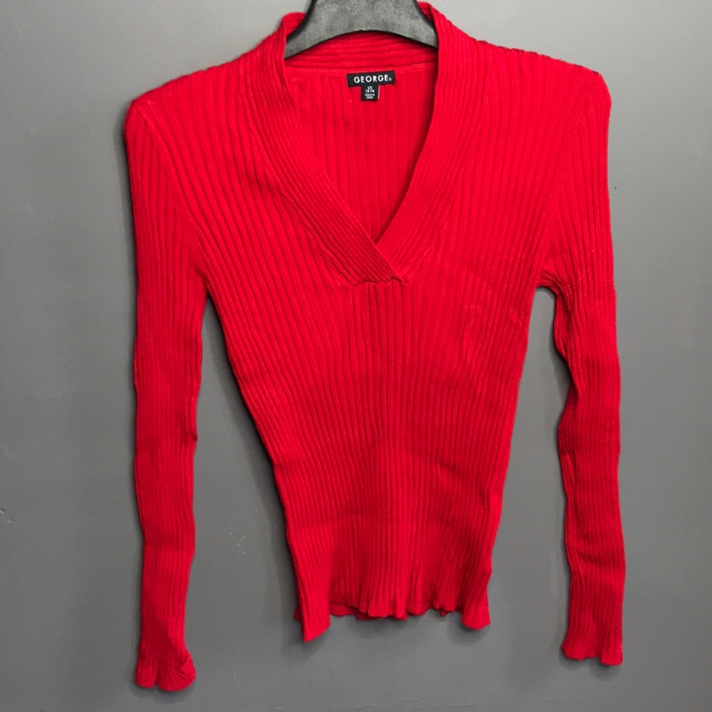 Long Sleeve Red V-Neck Blouse